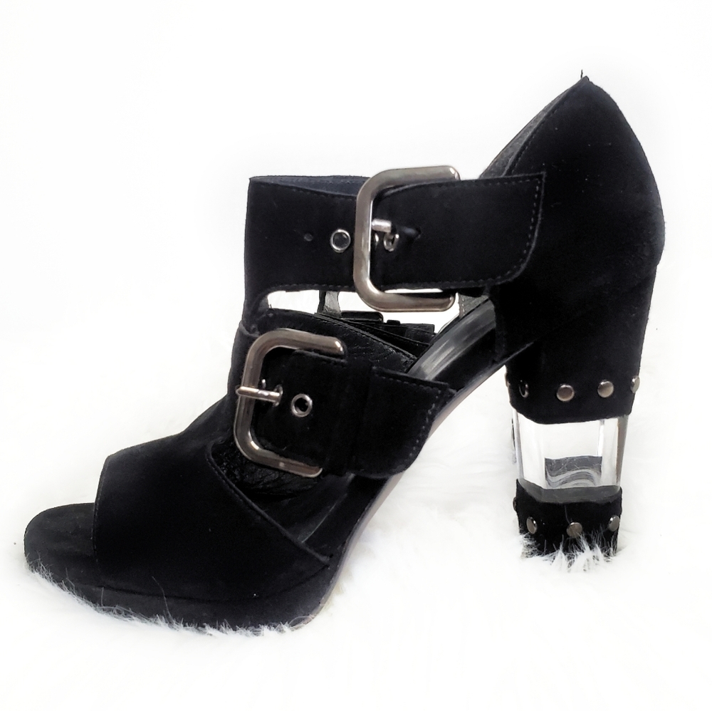 Stuart Weitzman | Black Suede Clear Open Toe Heels